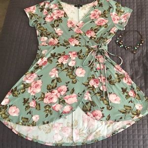 Floral blue springs dress pink flowers V neck